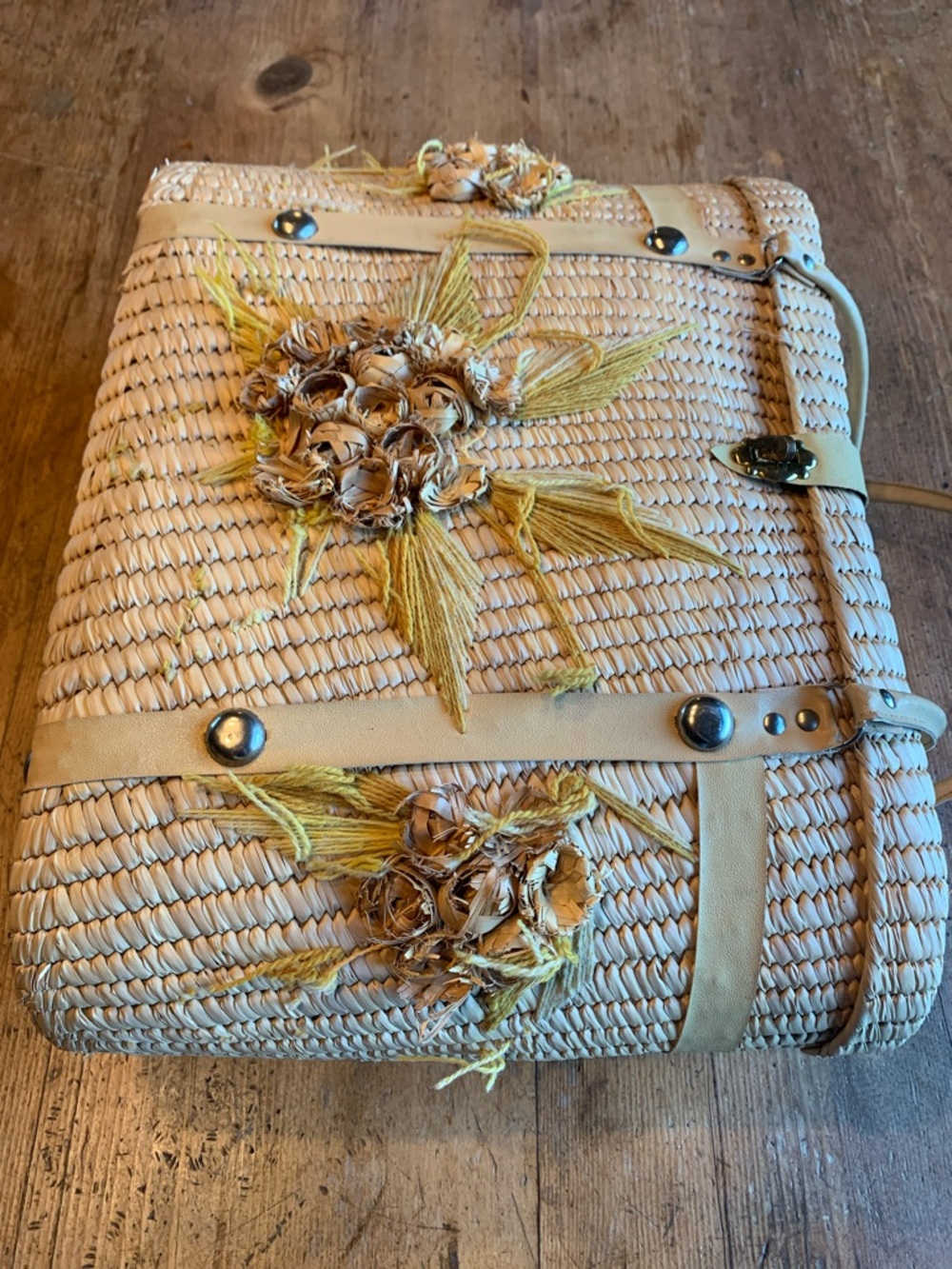 Vintage Woven Straw Tote with Yellow Floral Embroidery - Picture 3 of 16
